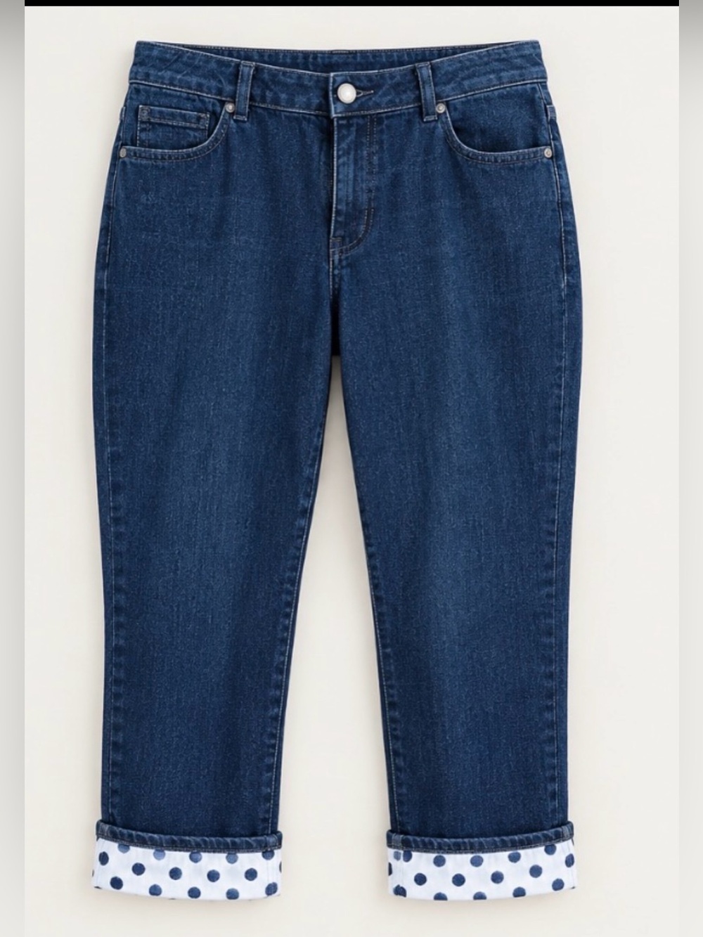 COLDWATER CREEK Women’s Dark Blue Denim Jeans with polkadot cuff, Size 12.